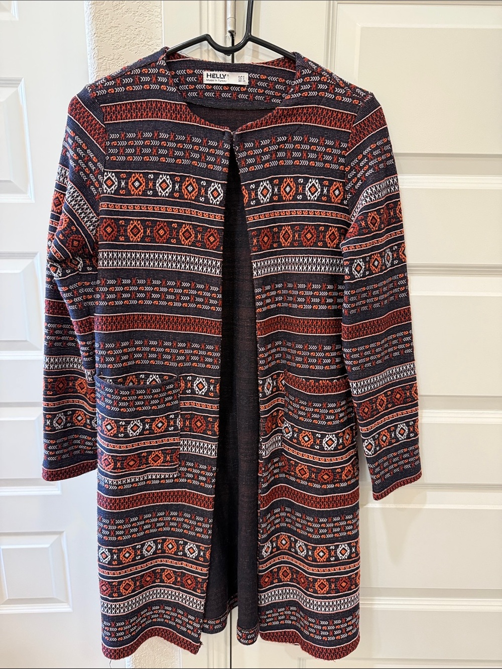 Beautiful Patterned Open Cardigan - Rust and Navy